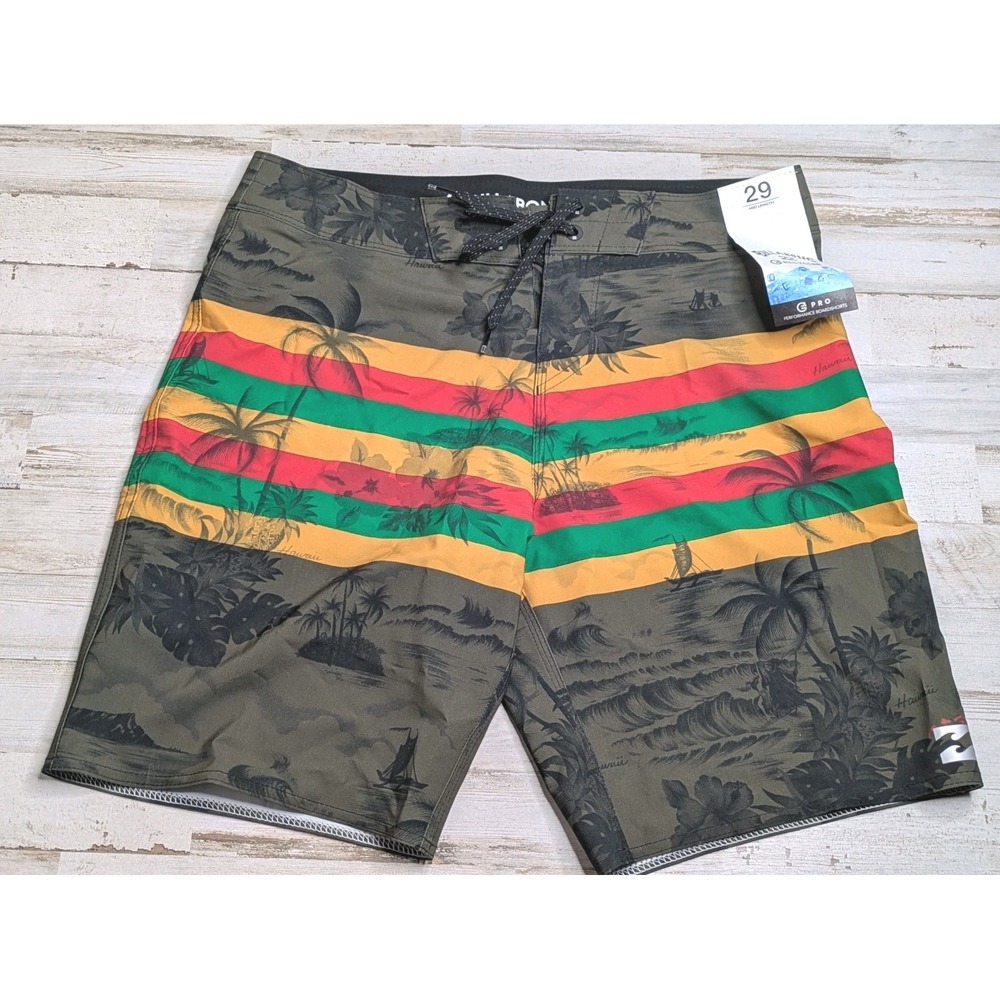 NEW Billabong Swim Trunks Mens 29 Tribong Pro Rasta Camo Hawaiian Reggae Recycle